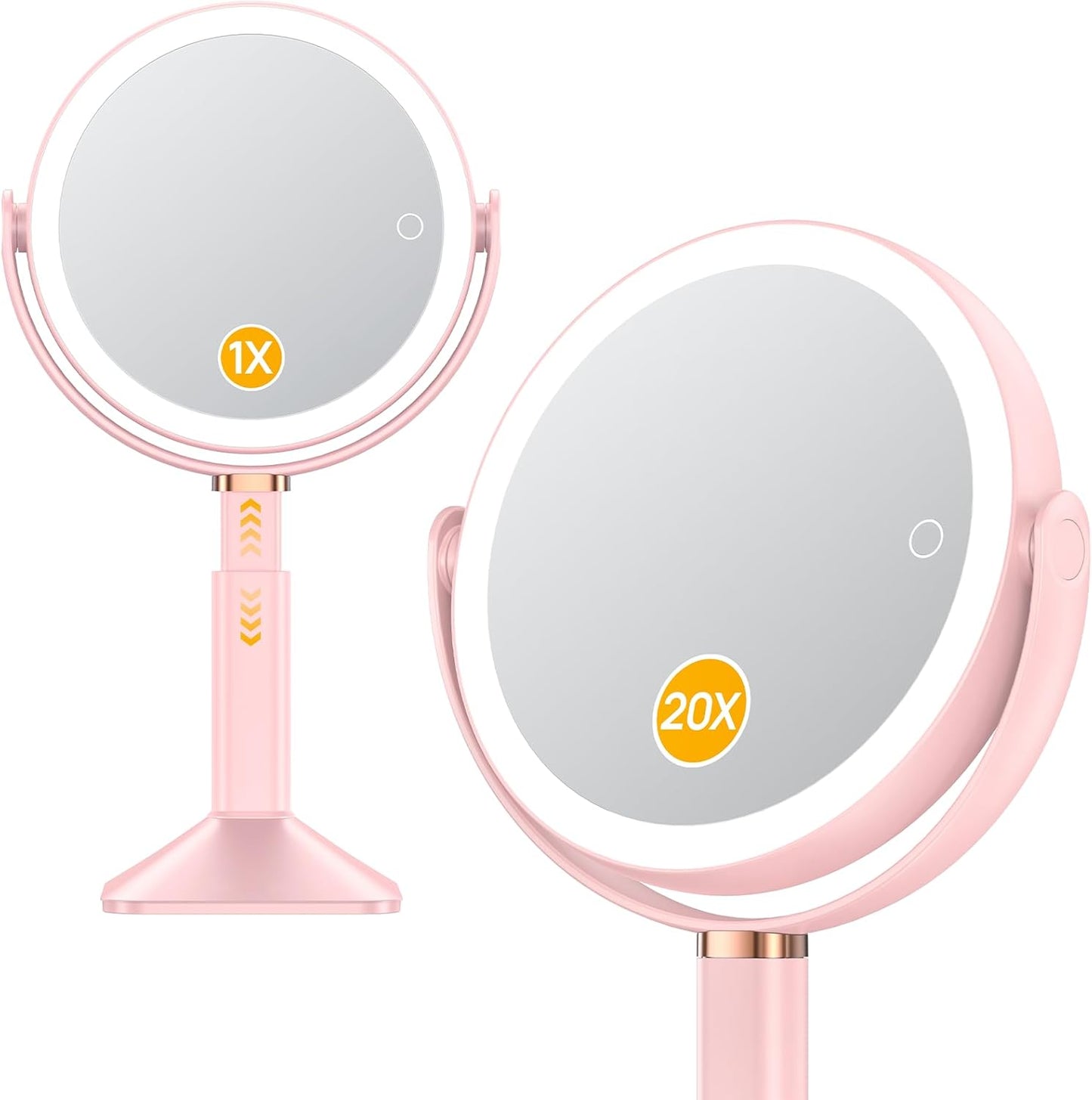 Gospire 20X Magnifying Makeup Mirror with Lights - Adjustable Height, 4000mAh Rechargeable Battery, 3 Dimmable Colors | Pink