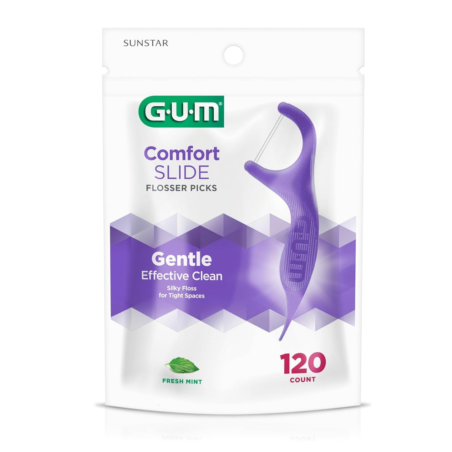 GUM Comfort Slide Floss Picks - Perfect for Tight Teeth - Extra Strong Shred-Resistant Dental Floss, Easy Grip Handle - Dental Flossers for Adults - Fresh Mint Flavor, 120 Count