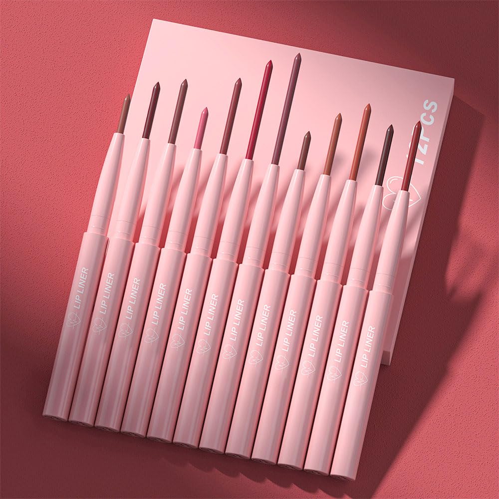 **12Pcs Retractable Lip Liner Pencils Set - Creamy Matte Velvet Colors for Plump Lips | Mauve, Maroon, Red, Nude, Brown**