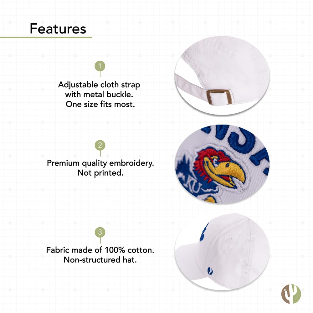 Desert Cactus University of Kansas Baseball Hat Jayhawks KU Brimmed Embroidered Hats Cap Adjustable Cloth Strap Adult (Style D1) White