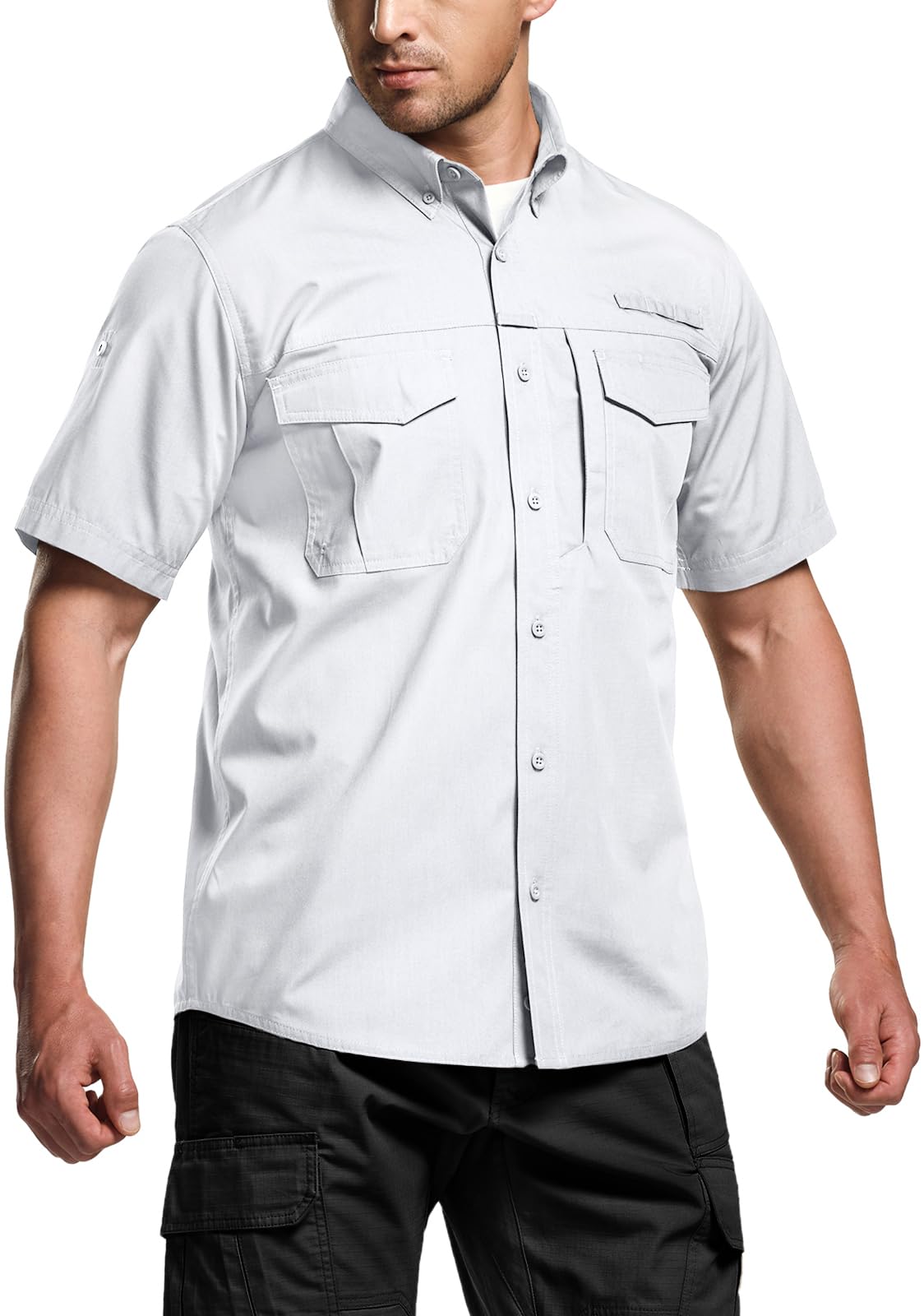 CQR Men's Short Sleeve Tactical Shirts, UPF 50+ Ripstop Military Work Shirts, Breathable Button Down Outdoor Hiking Shirt, Button Down Shirts White, XX-Large