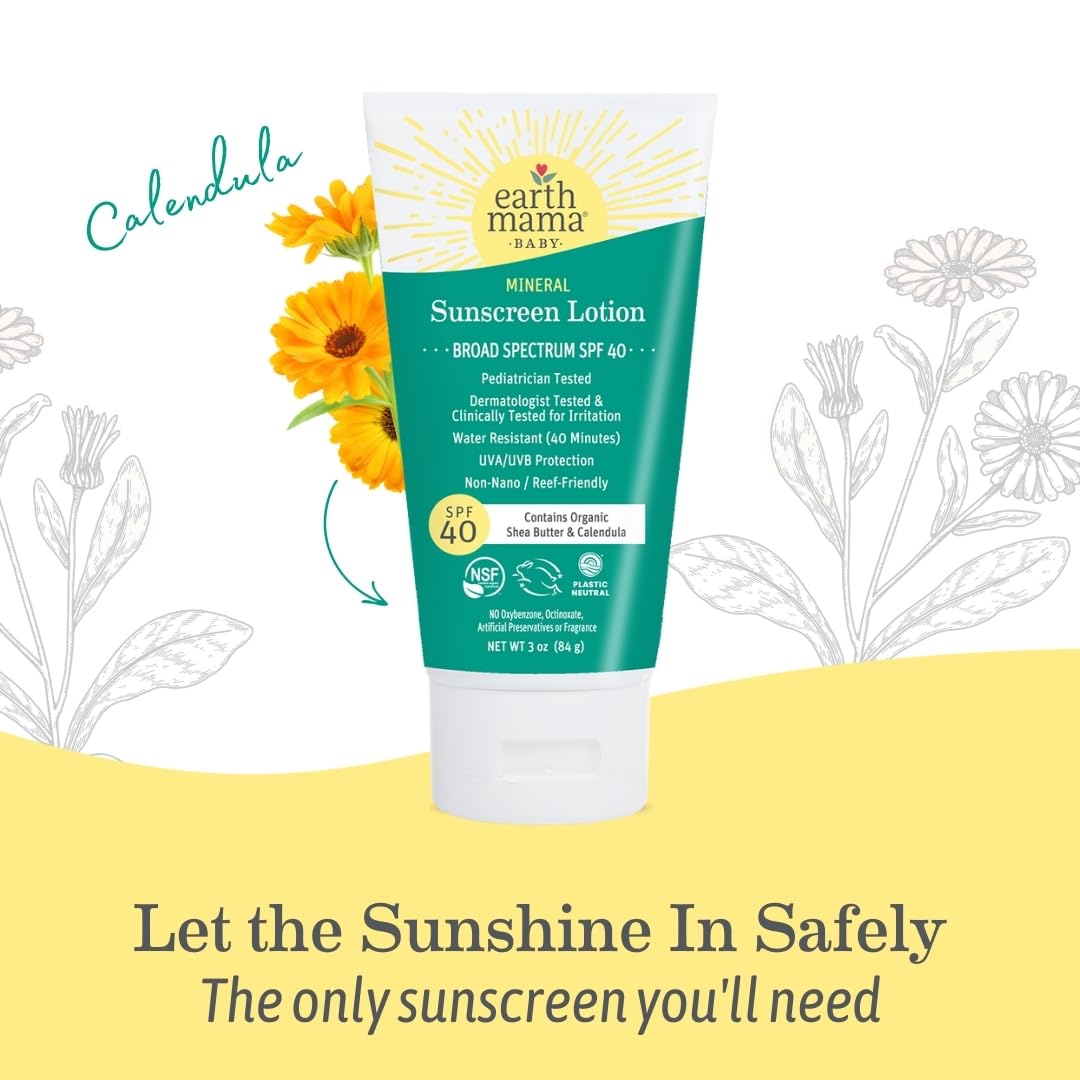 Earth Mama Baby Mineral Sunscreen Lotion SPF 40 - (2 Pack) 3 oz - Non-Nano Zinc - Broad Spectrum for Babies, Kids & Family - Water Resistant Sun Protection