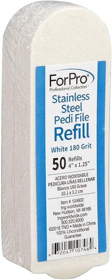 ForPro Professional Collection Stainless Steel Pedi File Refill, 180 Grit, White, EZ-Strip Peel Pedicure Refill Pads, 1.25” W x 4” L, 50-Count