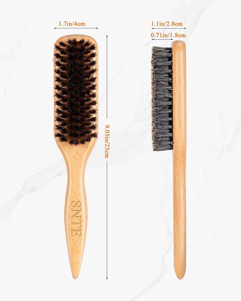 100% Boar Bristle Slick Back Hair Brush | Natural Peach Wood Handle | Restores Shine, Controls Frizz, Smooths Flyaways | Teasing Adds Volume Styling Tool | For Sleek Ponytails, Buns & Beard Grooming