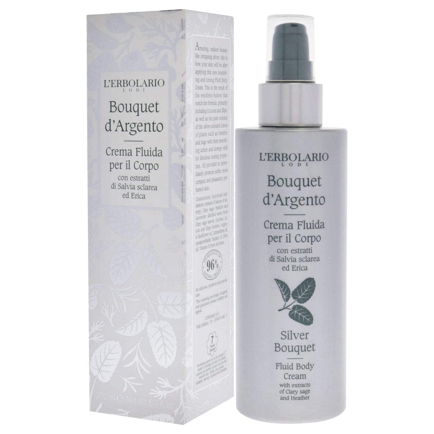 L’Erbolario Silver Bouquet Fluid Body Cream - Moisturizer for Dry Skin - Clary Sage and Heather Leaves - Skin Care with Vitamin C and E - 6.7 oz