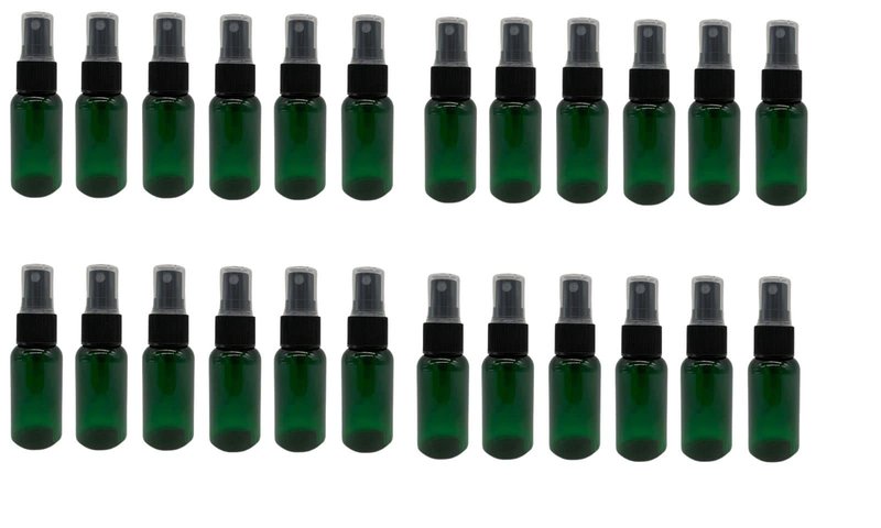 Natural Farms 1 oz Plastic Green Boston BPA FREE Bottles - 24 Pack Empty Refillable Containers - Essential Oils Cleaning Products - Aromatherapy - Black Fine Mist Sprayers - Made in the USA