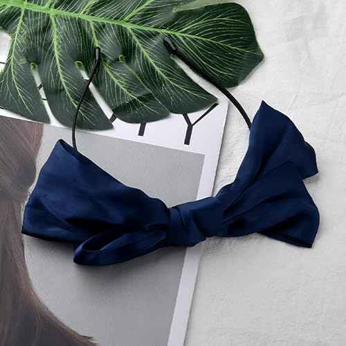 Navy Blue Bow Headband for Women Girls Satin Navy Blue Hair Bows Silk Bowknot Headband Christmas Head Band with Bow Headpiece Headwear Knotted Bowknot Headbands for Women Christmas Hair Accessories