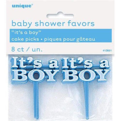 Unique It's a Boy Blue Cupcake Picks - 2.5", 8 Count - Adorable Blue Cupcake Toppers for Baby Showers & Gender Reveals