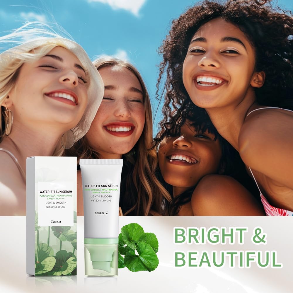 2 Pcs Centella Sunscreen, Centella Water-Fit Sun Serum SPF 50+ Light & Smooth Hyalu Cica Sunscreen