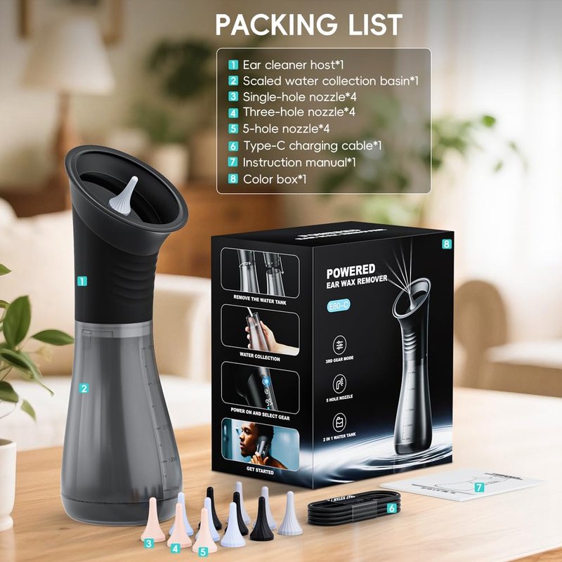Ear Wax Removal with LED Display, Temodu Electric Ear Cleaner, Rechargeable Earwax Remove Removal Ear Irrigation System, 3 Pressure Modes Ear Cleaning Earwax Removal (12 Disposable Tips)-Black