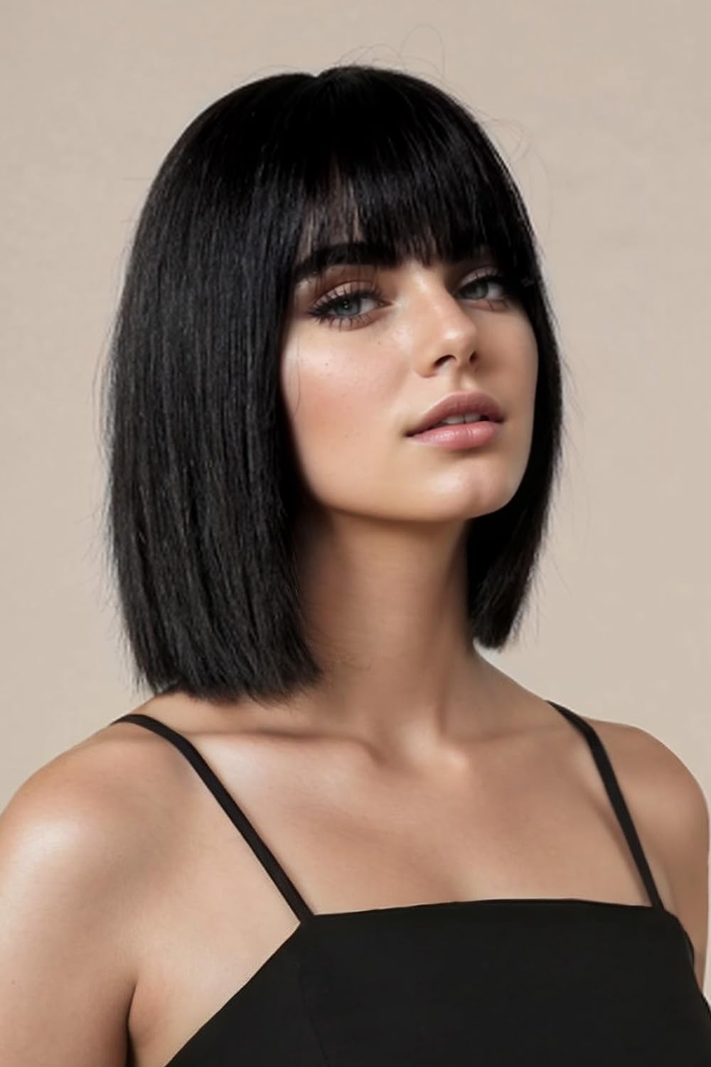 Short Black Straight Wig with Bangs - Heat Resistant Synthetic Hair | 12-Inch Bob for Women
