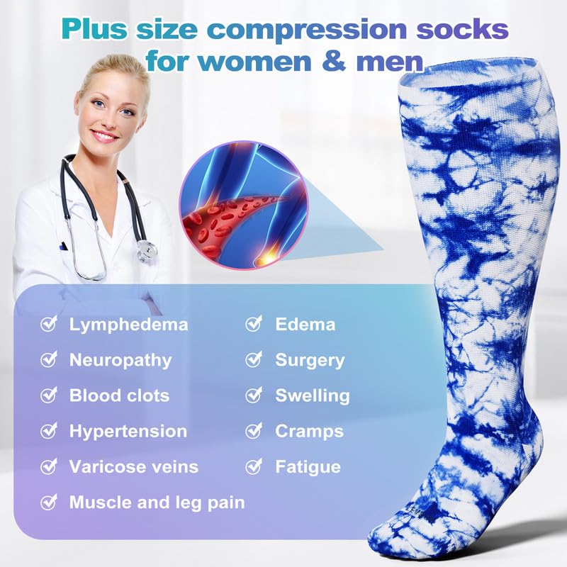 LEVSOX Plus Size Compression Socks Wide Calf Support Sock for Women & Men 15-20 mmHg Knee High Nurses Pregnant Travel