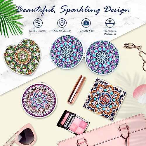 SPOKKI 4 Pcs Diamond Painting Compact Mirror, DIY Pocket Mirror with Mandala Diamond Painting Cover - Folding Purse Design, Portable Magnifying Mirror for Women Girls Kids