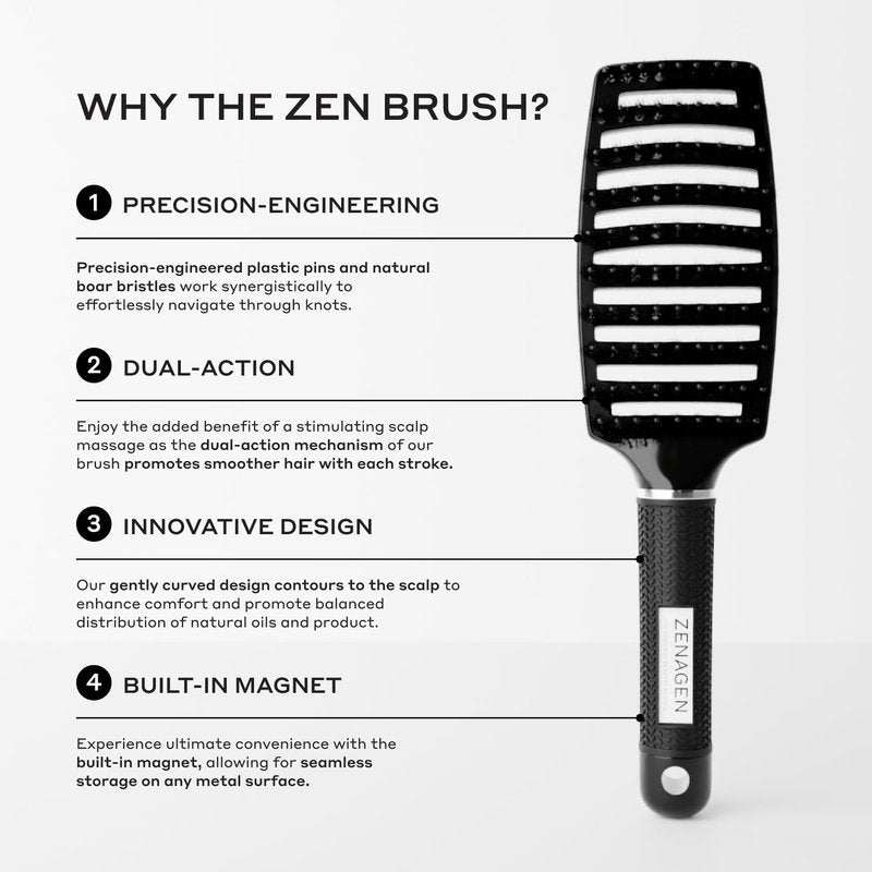 Zen Brush | Hair Detangler for All Hair Types - Reduces Breakage & Enhances Scalp Stimulation - Ergonomic Design