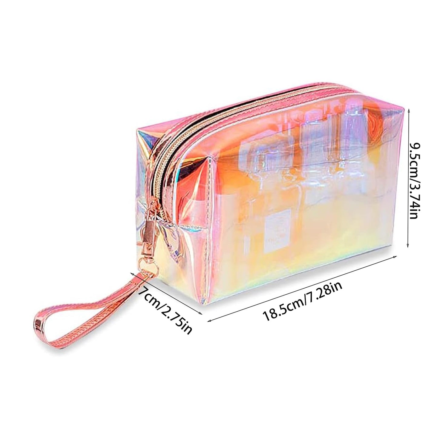 Gripebao Iridescent Holographic Makeup Bag with Wrist strap, Travel Clear Toiletry Bag, Lipstick Cosmetic Pouch, Waterproof Zipper Beach Bag Make up Organizer Case for Woman Teen Girl, A