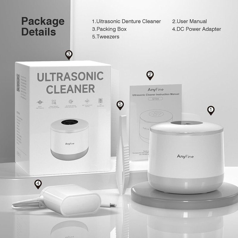 Ultrasonic Retainer Cleaner Machine - 45kHz Triple-Phase Purification for Dentures, Mouth Guards & Jewelry | 4 Cleaning Modes