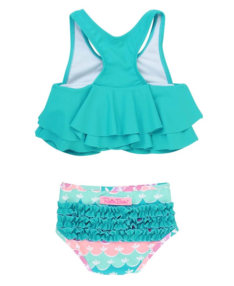 RuffleButts Girls UPF50+ Sun Protection Flounce Bikini Two Piece Swimsuit - Mermaid, 6-12m