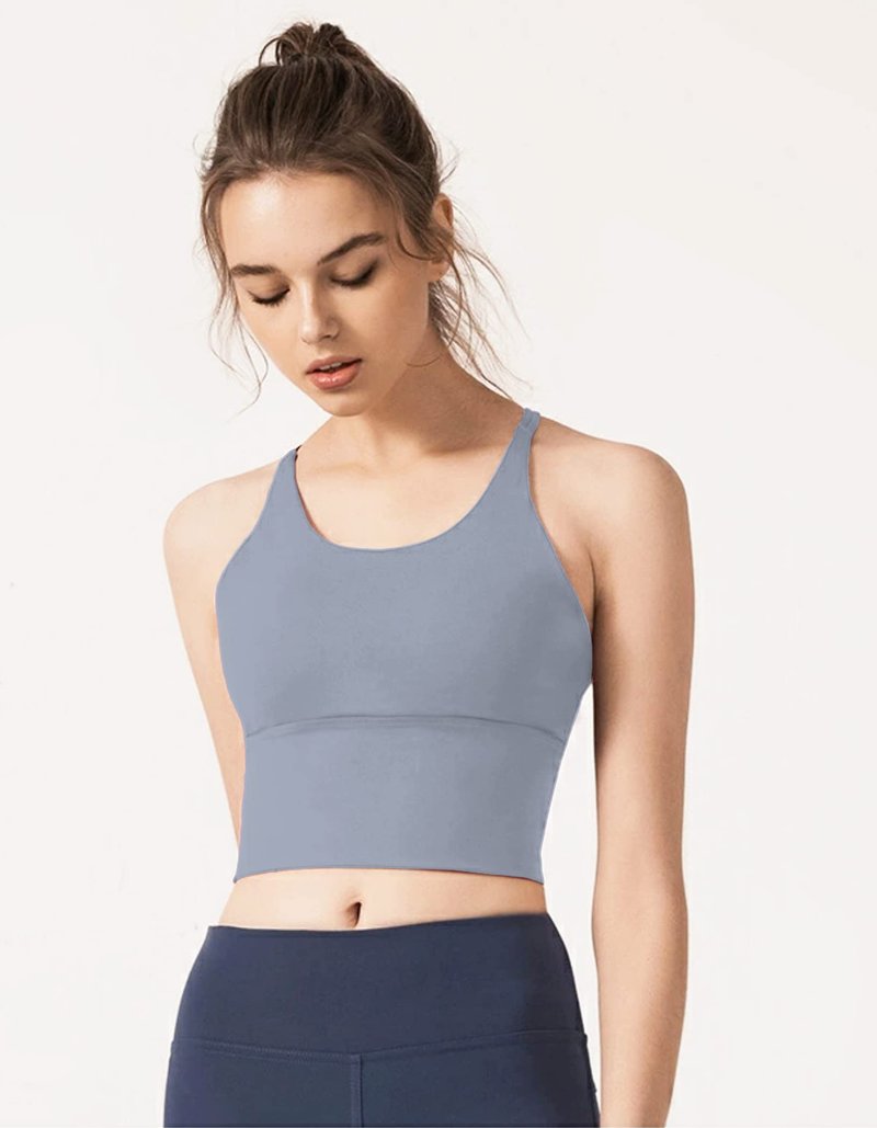 Redqenting Longline Sports Bra for Women with Removable Padded,Sexy Criss Cross Back Strappy Yoga Bras Workout Tank Tops Aegean Blue