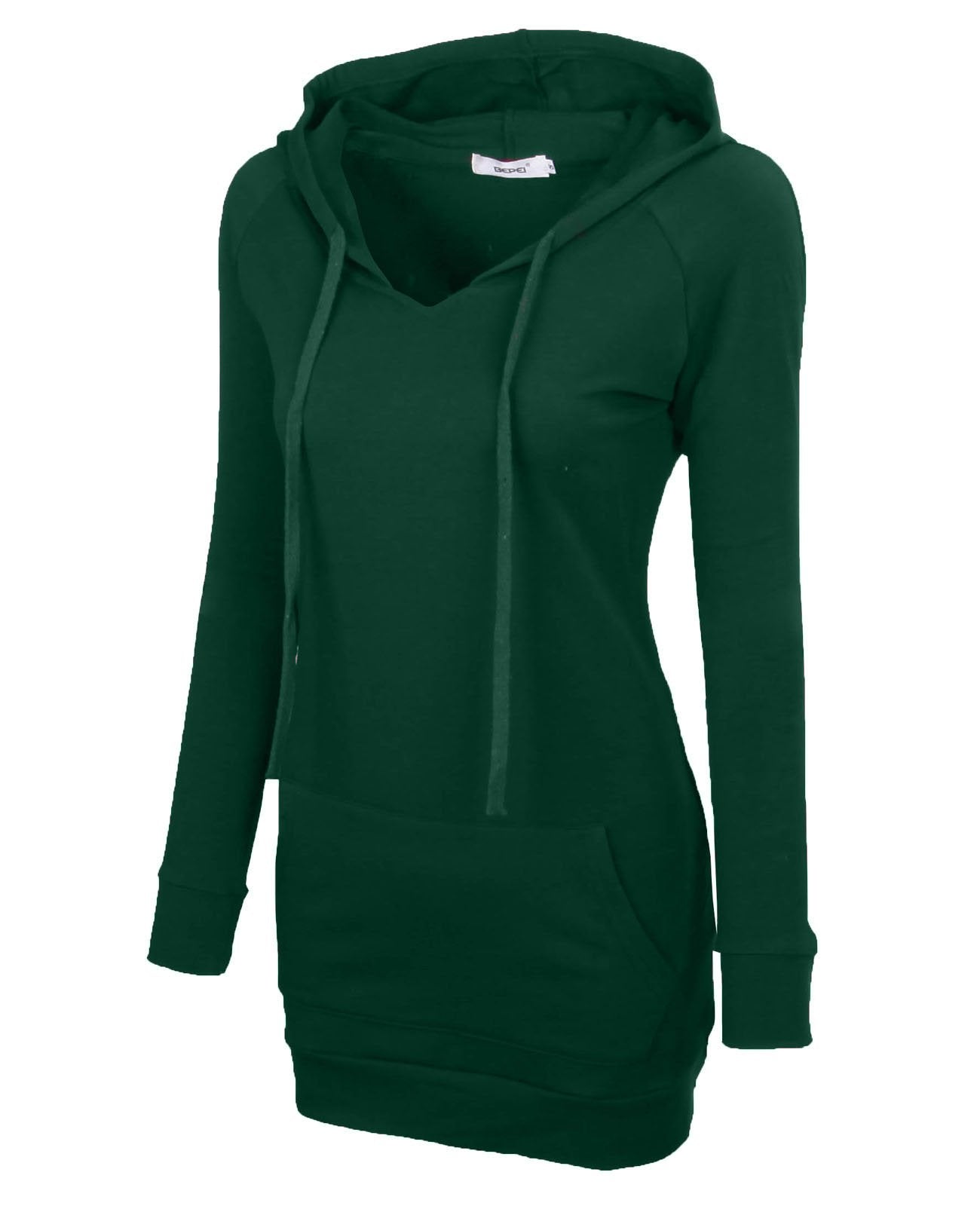 BEPEI Womens Long Sleeve Tunic Sweatshirt String Hoodie With Pocket Green M