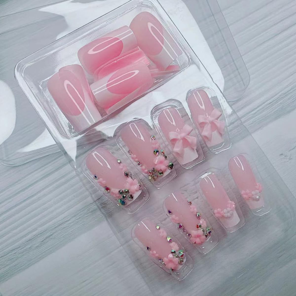 24pcs French Tip Press-On Nails - Short, Charms, Bow, Flower Design, Pink, Cute, Square Shape, Acrylic, Rhinestones