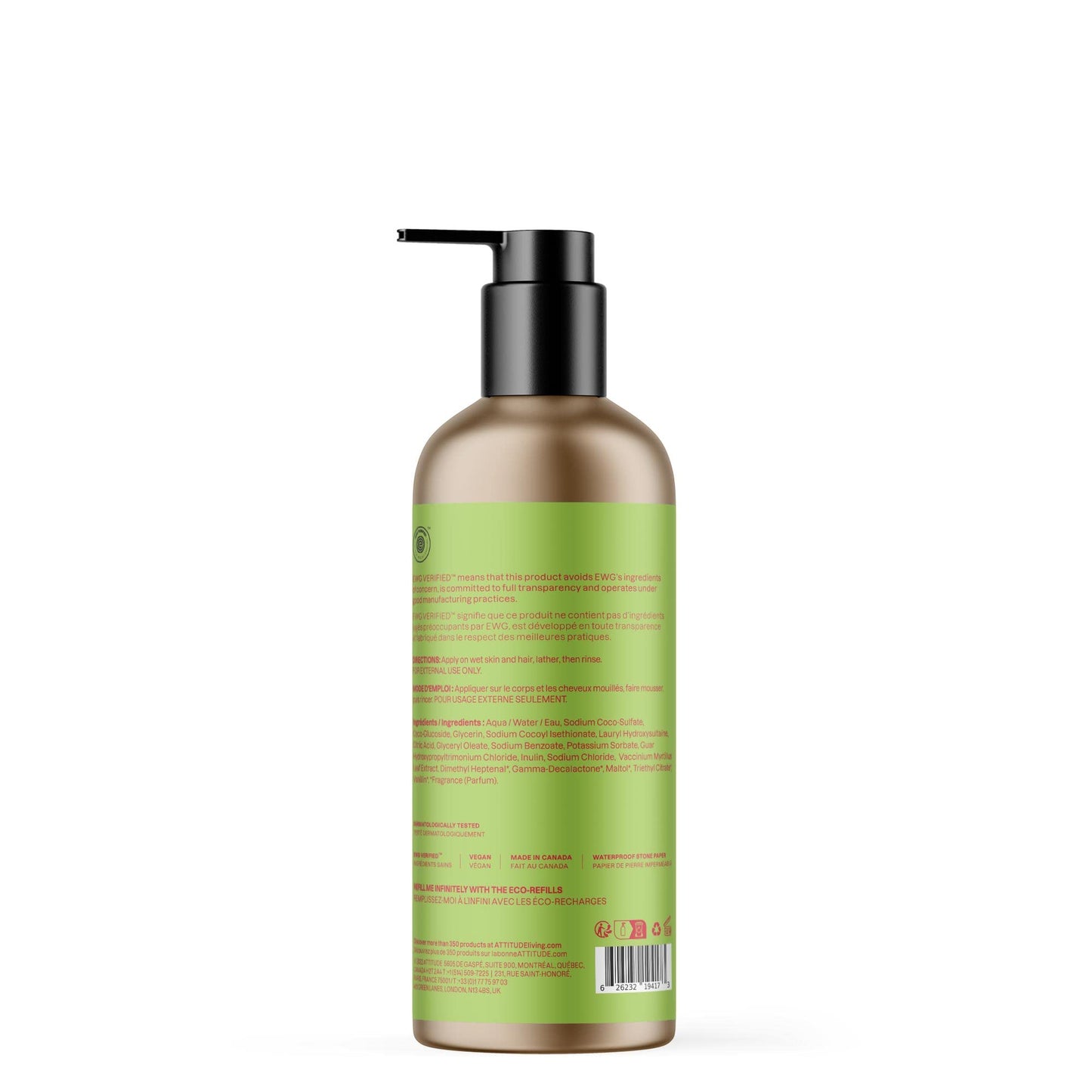 ATTITUDE Shampoo and Body Wash for Kids, EWG Verified Hair and Body Cleanser, Dermatologically Tested Soap, Plant and Mineral Based Bath, Vegan, Refillable Bottle, Watermelon and Coco, 16 Fl Oz
