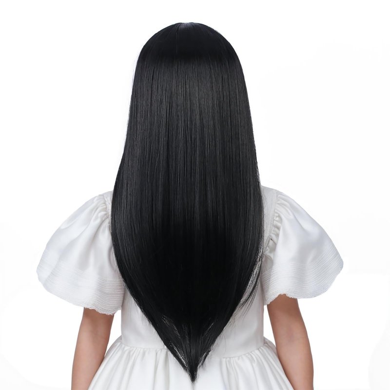 Edivd Black Wig for Child Long Natural Black Wig with Air Bangs for Girls Long Straight Wigs for Kids Heat Resistant Synthetic Wigs with Cap