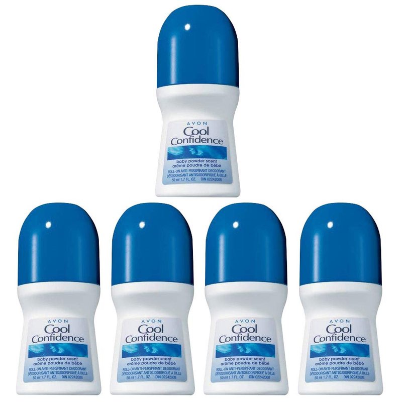 Avon Cool Confidence Baby Powder Scent Roll-On Antiperspirant Deodorant, 24-Hour Sweat & Odor Protection, Anti-Perspirant for Men & Women, 1.7 Fl Oz (Pack of 5)