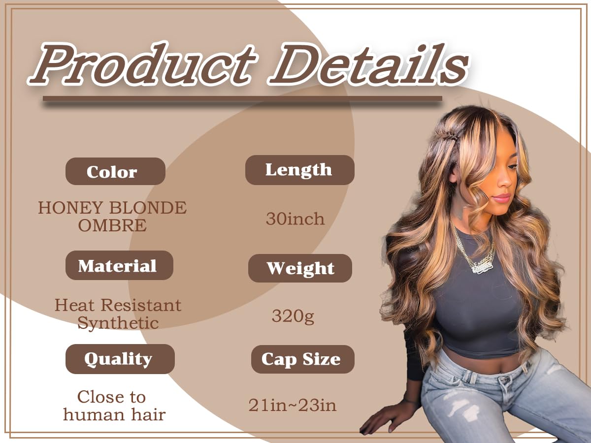 Honey Brown Lace Front Synthetic Wig For women 30 Inch Body Wave 13x4 Lace Front Ombre Brown Highlight wig Heat Resistant Transparent Pre Plucked Hairline with baby hair wig (1B/27/613)