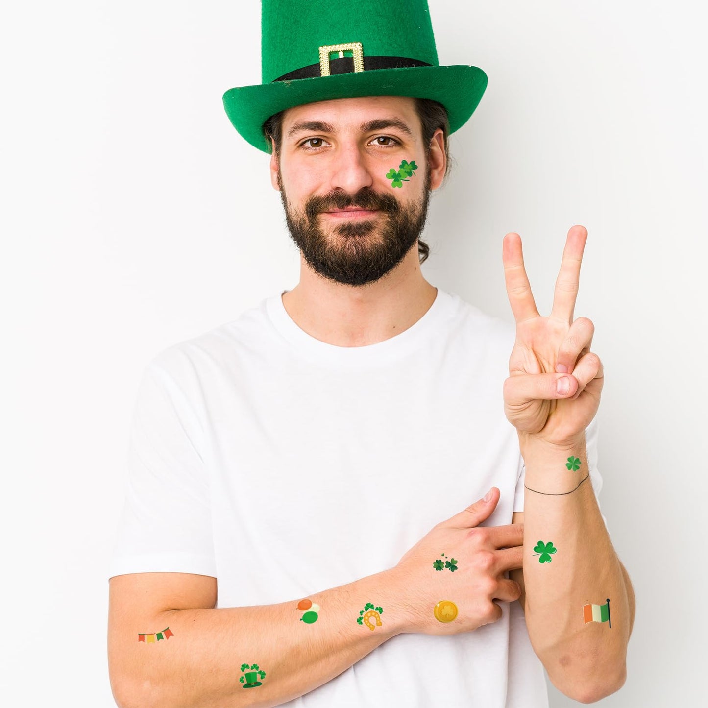 LANGFON 10 Sheets St. Patrick's Day Temporary Tattoos Irish Flag Shamrock Temporary Tattoo Sticker Waterproof Saint Patrick's Day Theme Fake Tattoo for St. Patrick's Day Parade Festival Party Supplies