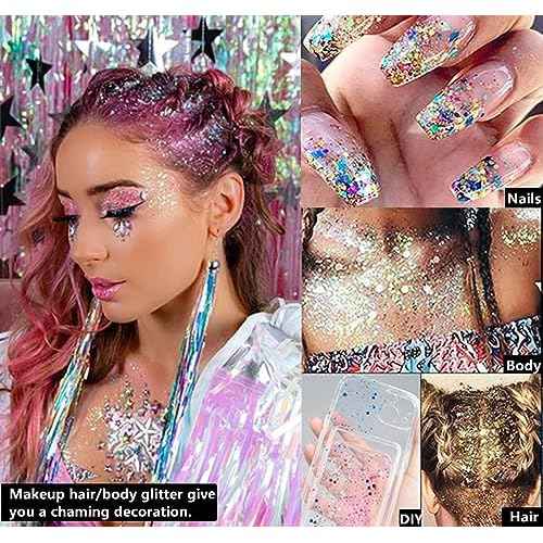 Go Ho Christmas Body Hair Face Glitter Gel,Christmas Glitters Face Paint,Holographic Colorful Sequins Chunky Reflective Face Glitter Makeup,Festival Rave Outfits for Women