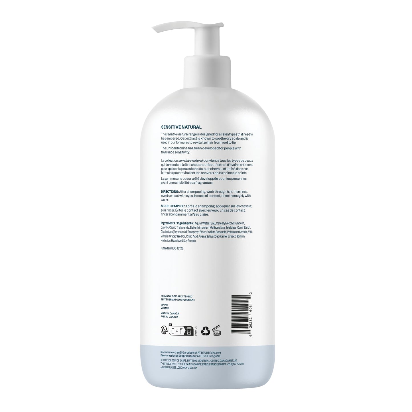 ATTITUDE Hair Conditioner for Sensitive Dry Scalp, Soothing Oat, Naturally Derived Ingredients, Dermatologically Tested, Vegan Detangler, Extra Gentle, Unscented, 32 Fl Oz