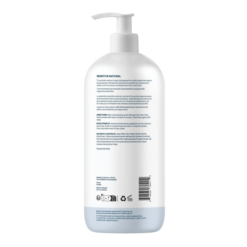 ATTITUDE Hair Conditioner for Sensitive Dry Scalp, Soothing Oat, Naturally Derived Ingredients, Dermatologically Tested, Vegan Detangler, Extra Gentle, Unscented, 32 Fl Oz