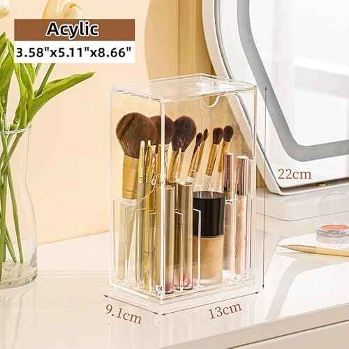 Makeup Brush Holder, Clear Make Up Brush Holder Organizer with 17 Slots, Tilt Open Large Makeup Brush Holde with Lid, Acrylic Makeup Organizer for Vanity Decor Office Home
