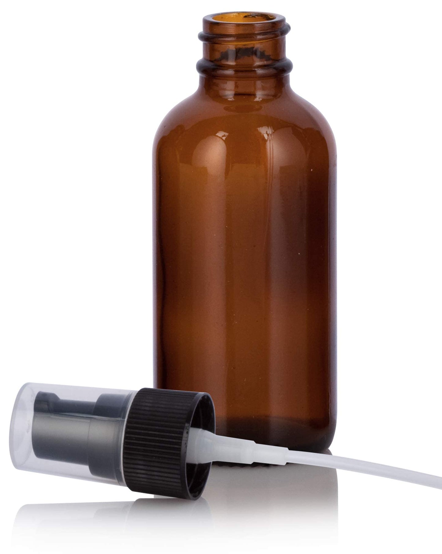 JUVITUS 2 oz / 60 ml Amber Glass Boston Round Bottle with Black Treatment Pump (12 Pack) Refillable Empty Storage Containers