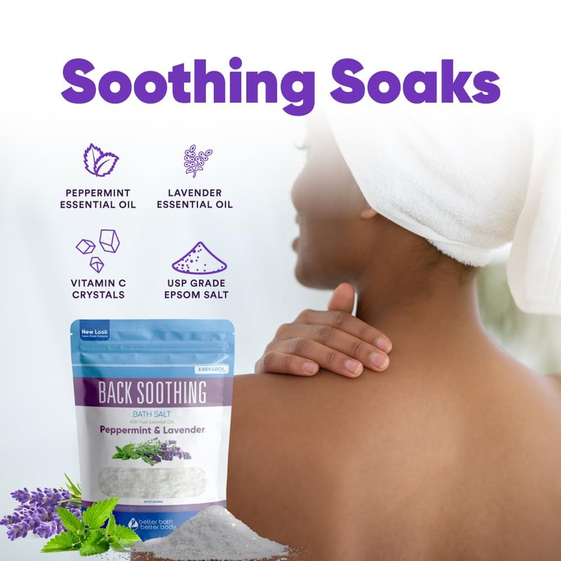 Back Soothing Bath Salt 32 Ounces Epsom Salt with Natural Bergamot, Lavender, Eucalyptus and Peppermint Essential Oils Plus Vitamin C in BPA Free Pouch with Easy Press-Lock Seal
