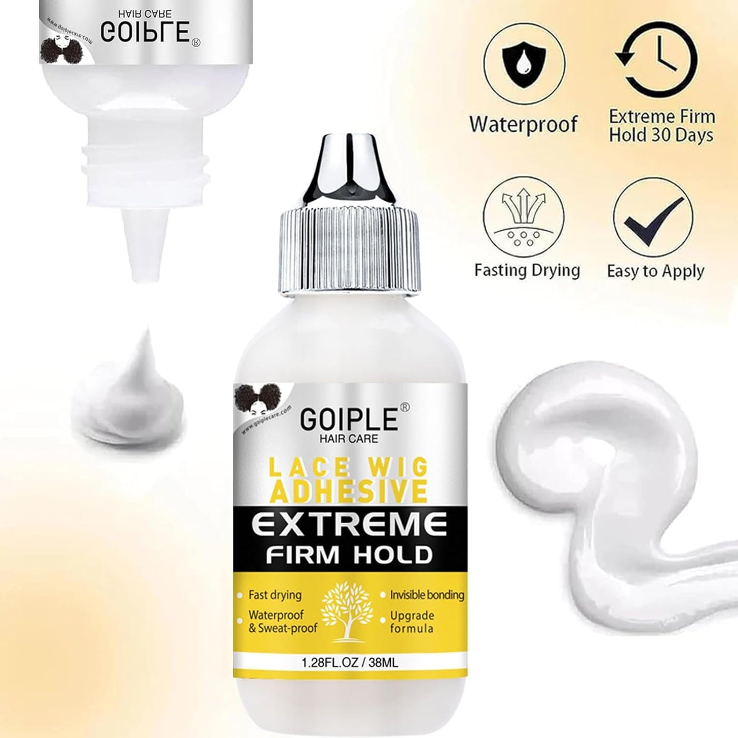 Goiple Wig Glue for Lace Front Wigs, Waterproof Lace Front Wig Glue for Wigs, Strong Hold Transparent Lace Adhesive for Hair Replacement Invisible Hair Bonding Wig Adhesive(1.28 fl oz)