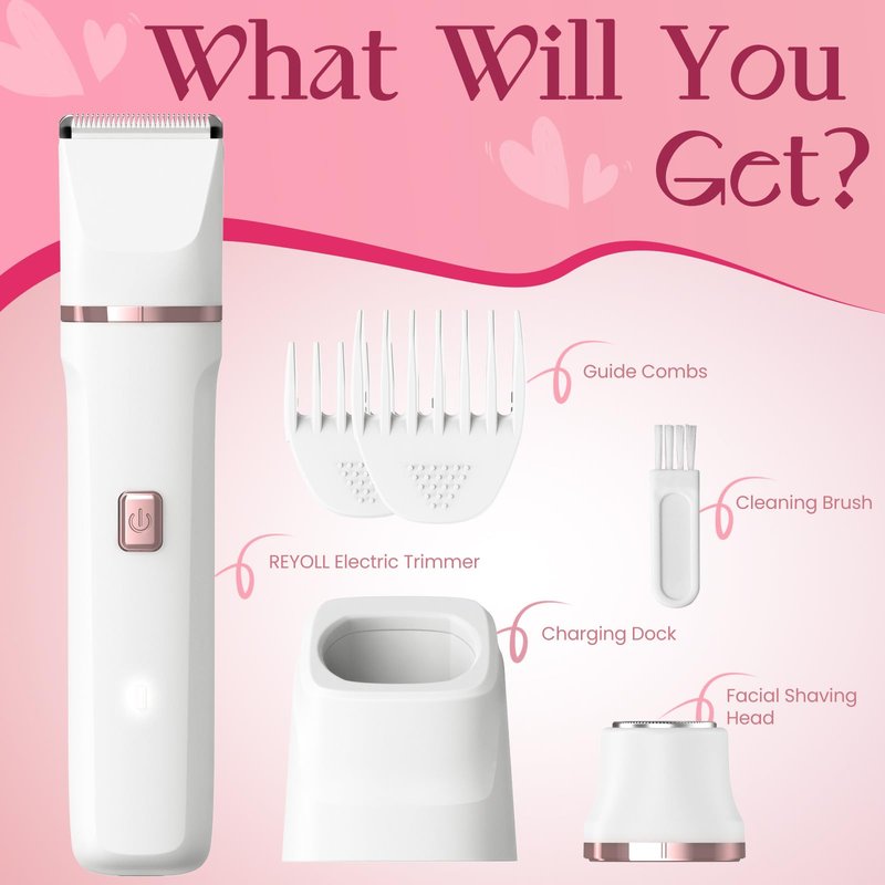 Risina Bikini Trimmer for Women - Electric Razors for Women's Body Groomer, Replaceable Ceramic Blade Heads, Face Hair Remover Head, USB-C&Dock Charging, Waterproof&Easy Cleaning White