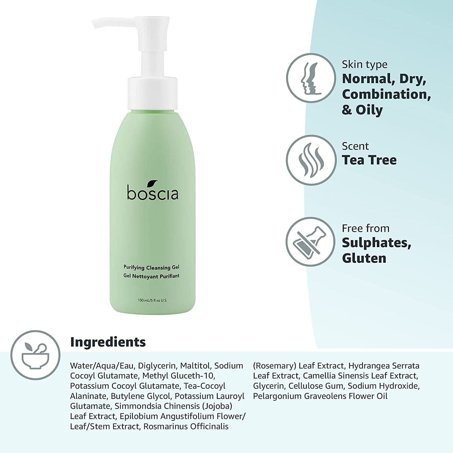 Boscia Purifying Cleansing Gel - Vegan & Cruelty-Free Daily Face Cleanser | Natural Deep Clean, 5 fl oz