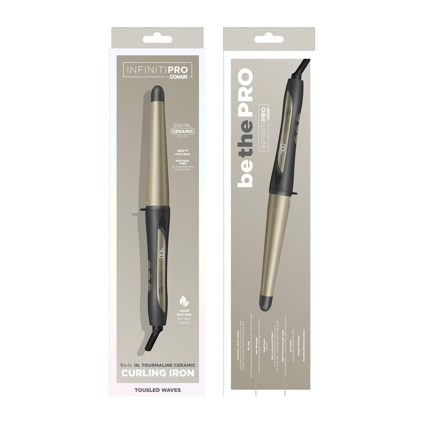 INFINITIPRO BY CONAIR Tourmaline Ceramic 1¼-Inch to ¾-Inch Tapered Curling Wand, Tapered Curling Wand Produces Beachy Waves, Dark Gray