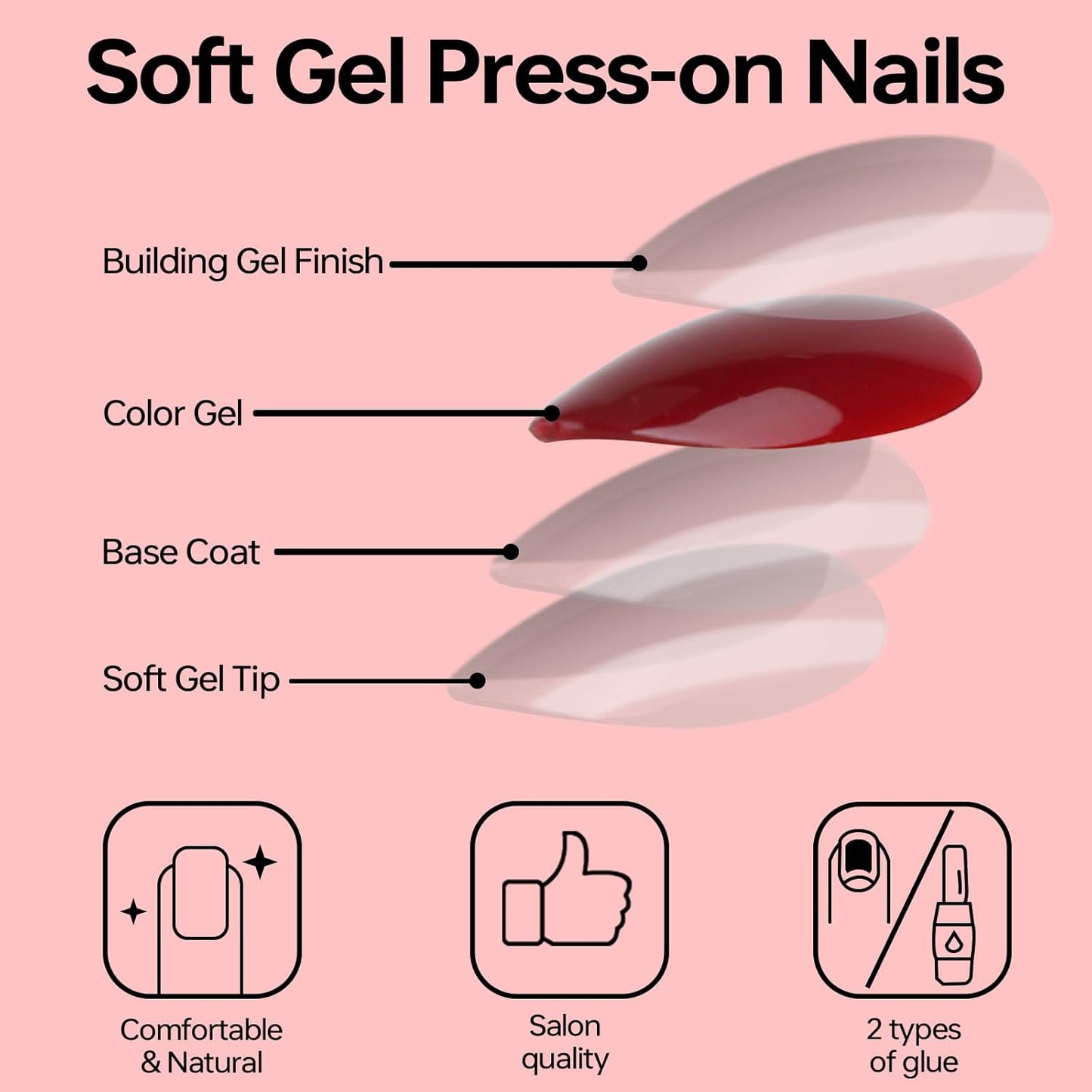 French Almond Gel Press On Nails Short 16 Sizes Fake Nails Glossy 32pcs, Nail Glue Included