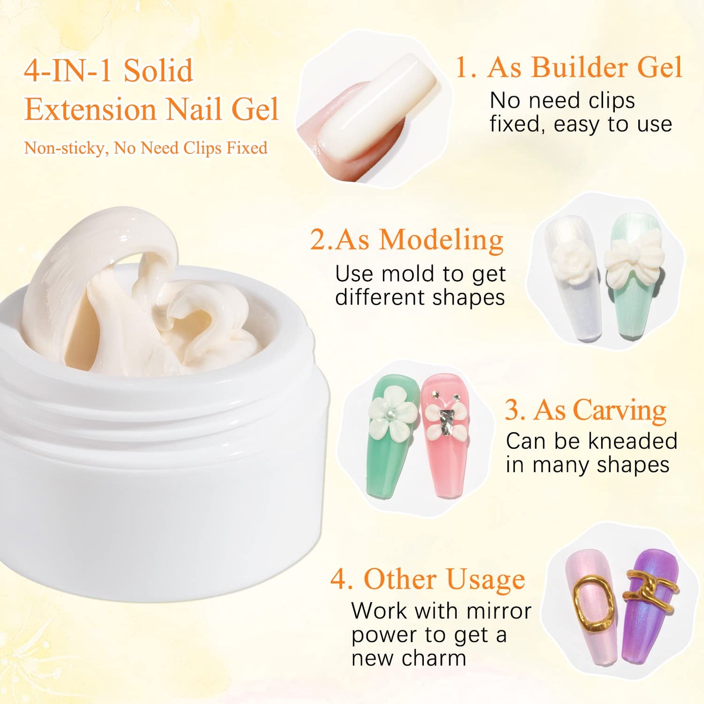 MIZHSE Solid Builder Gel for Nails, Clear Non-Sticky Sculpting Gel, 3D Nail Art Carving Building Modeling Hard Nail Extension Soak Off UV/LED Nail Art Salon Home DIY 15g