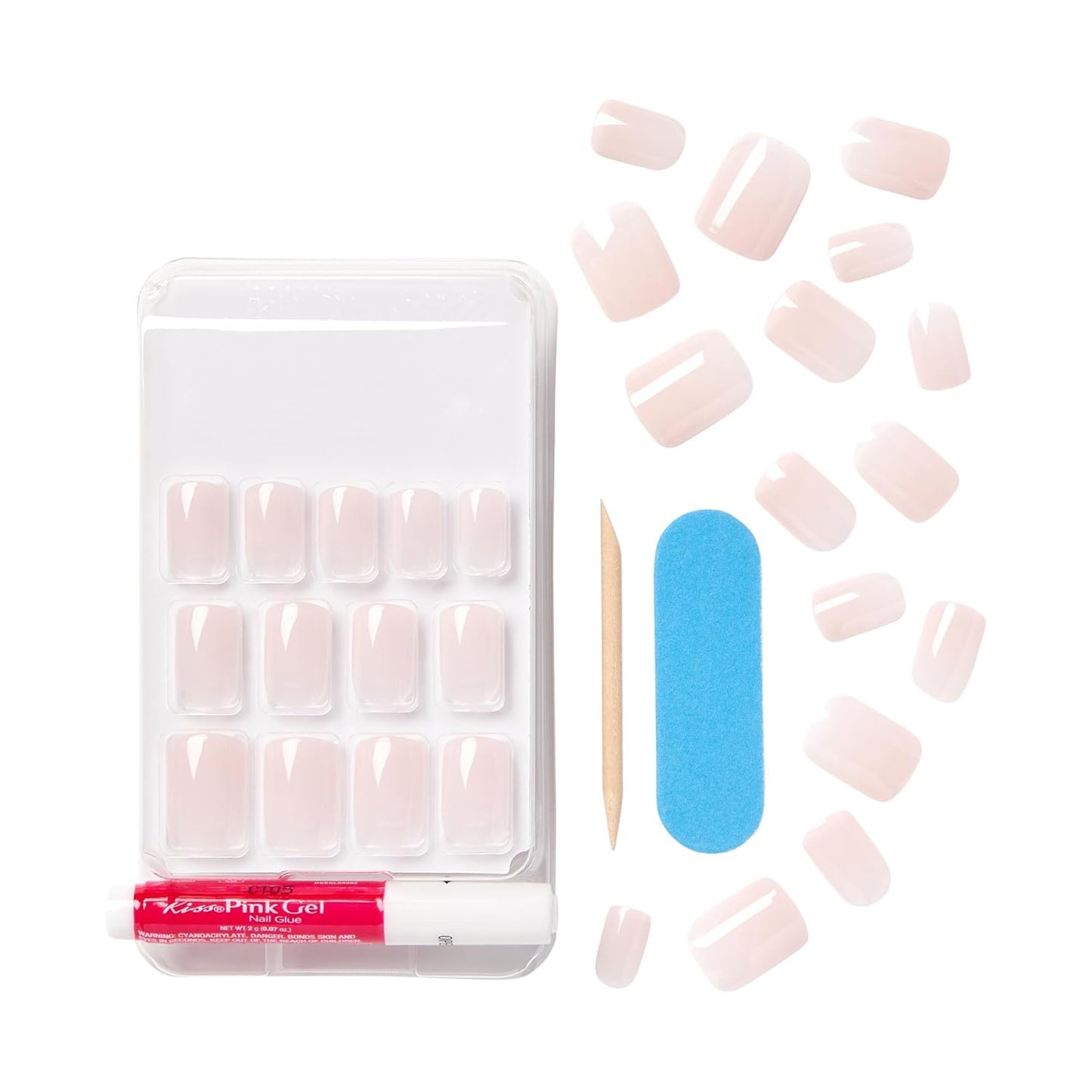 KISS Bare but Better Press On Nails, Glossy Pink, Short Length, Square Shape, 28 Fake Nails, Pink Gel Nail Glue Net Wt. 2g (0.07 Oz.), Mini Nail File, & Manicure Stick