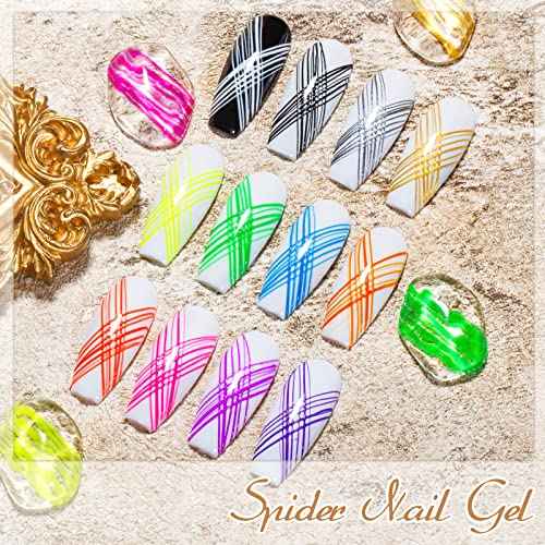 12 Colors Luminous Spider Gel, Glow In The Dark Spider Gel for Nail Art, Elastic Wire Drawing Gel for Line with Brush, Soak off UV LED Drawing Gel Nail Art Design Gel with Neon Fluorescent Effect