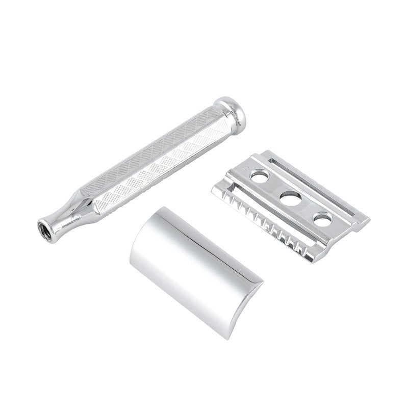 MERKUR 42C Double Edge Safety Razor, Hexagonal Handle, Three-Piece Design, Closed Comb Straight Bar, Bright Chrome Finish, Made in Germany
