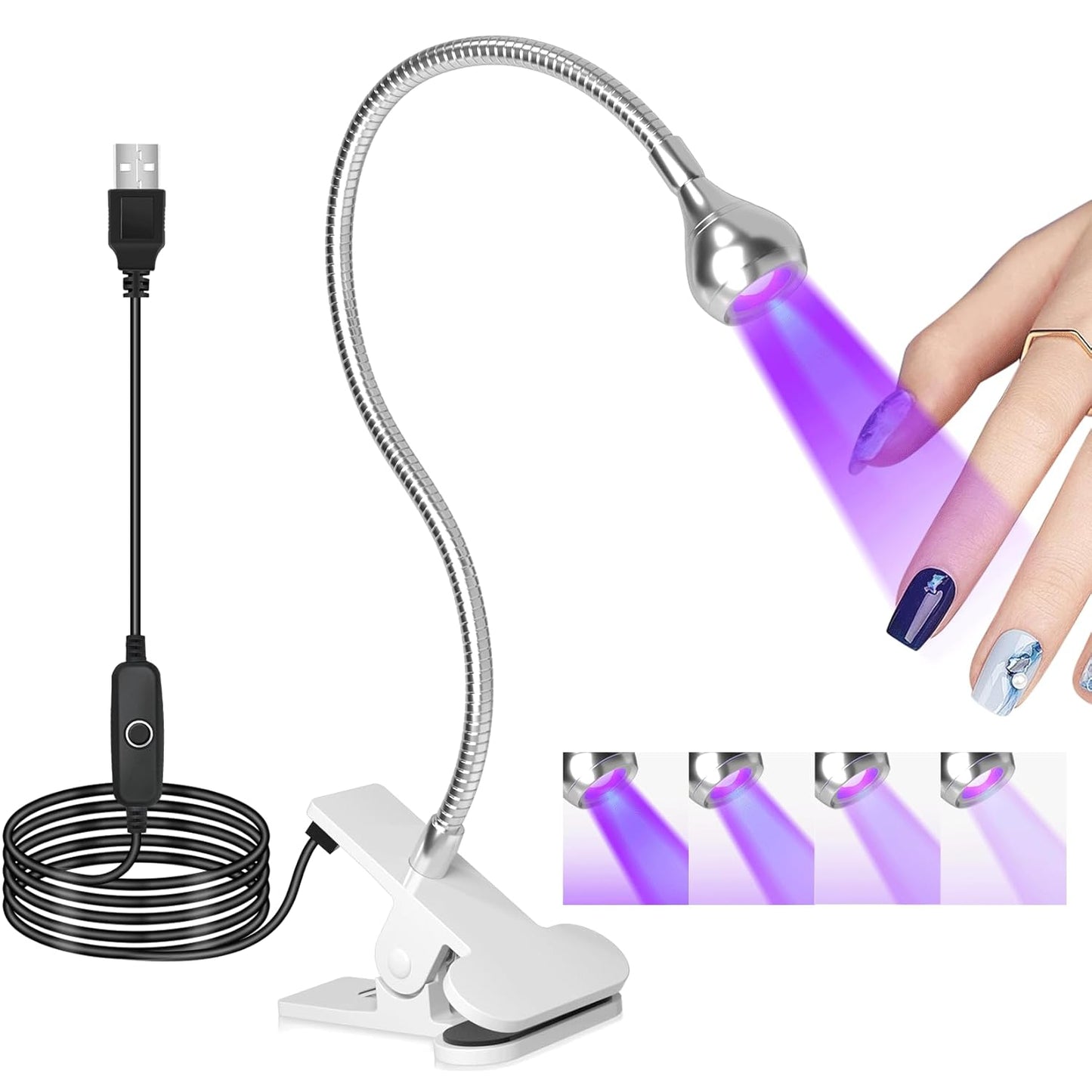 UV Nail Lamp - UV Light for Gel Nails, LED Gooseneck Flash Cure Lamp for Nails, Manicure Dryer Black Light with Clamp, 365+395nm Wavelength 5V 3W 4 Levels Dimming