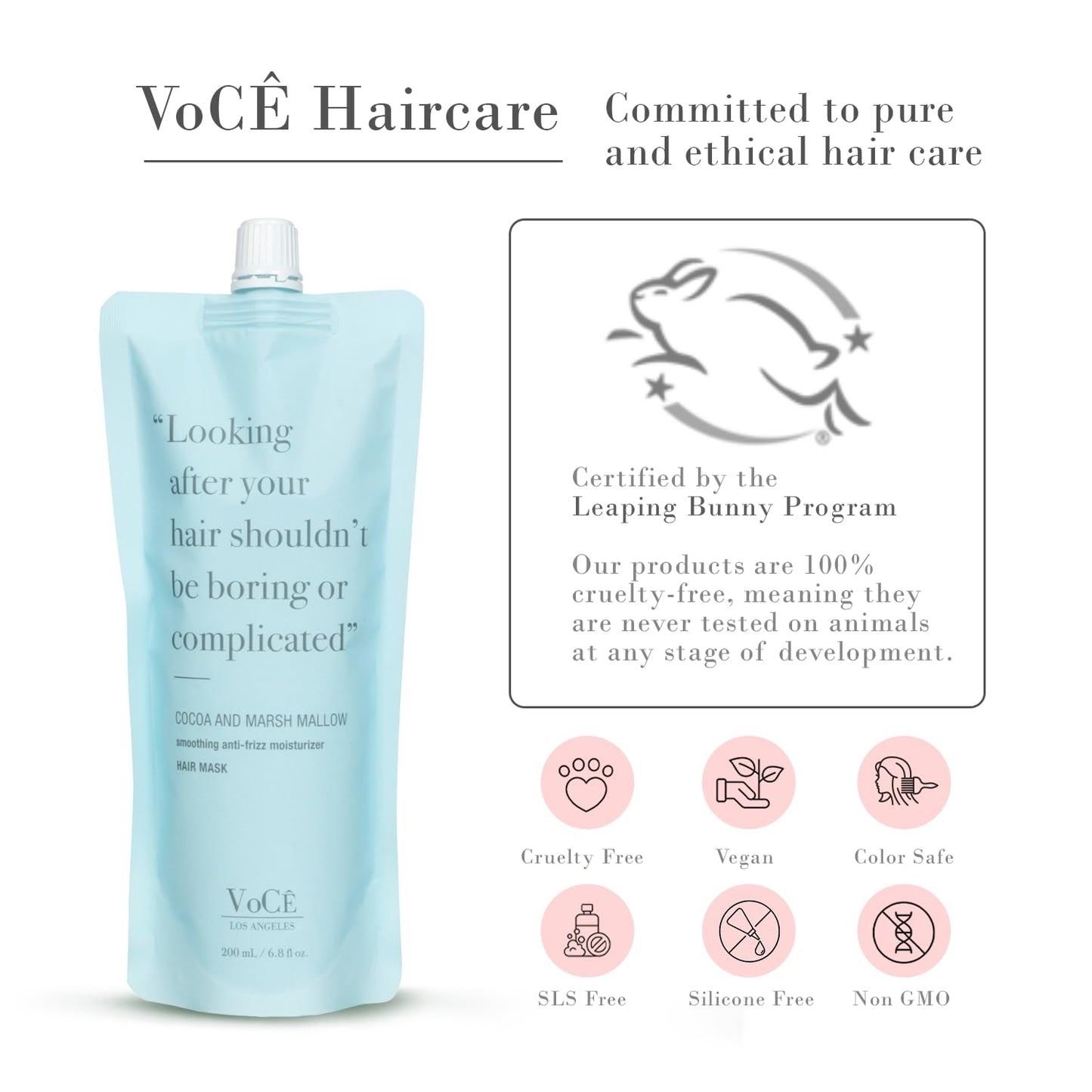 VoCÊ Haircare – Natural Cocoa and Marshmallow Hair Mask | Repairing, Smoothing, Anti-Frizz, Vegan, Cruelty-Free, Clean Haircare, Leaping Bunny Certified (6.8 oz | 200 ml)