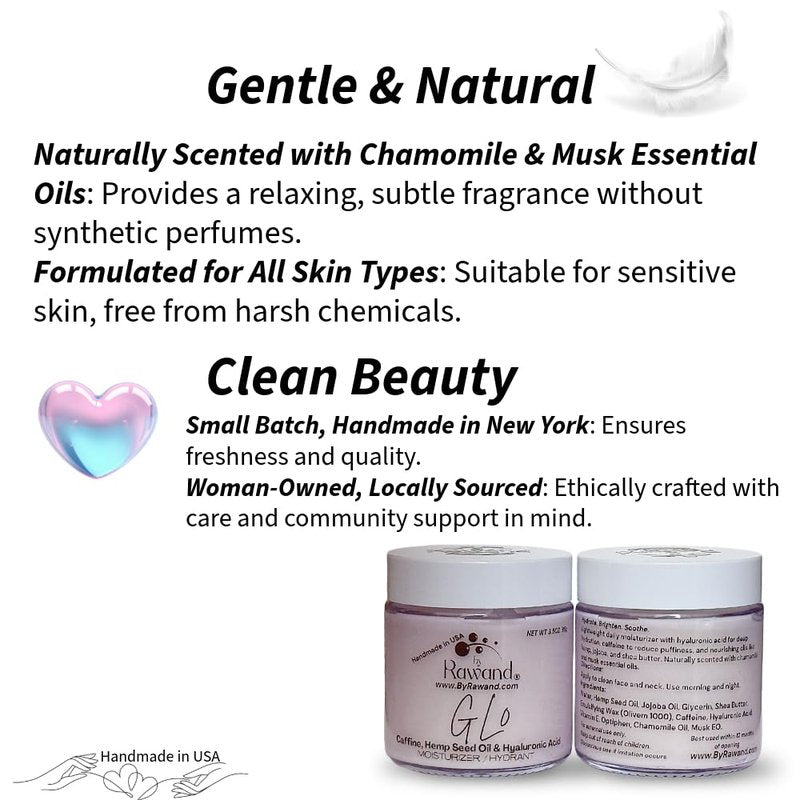 ByRawand Gl0 All Natural Caffeine Face Cream & Moisturizer Reduce Eye Puffiness and Pigmentation with Caffeine, Hemp Seed Oil and Hyaluronic Acid, Handmade in USA