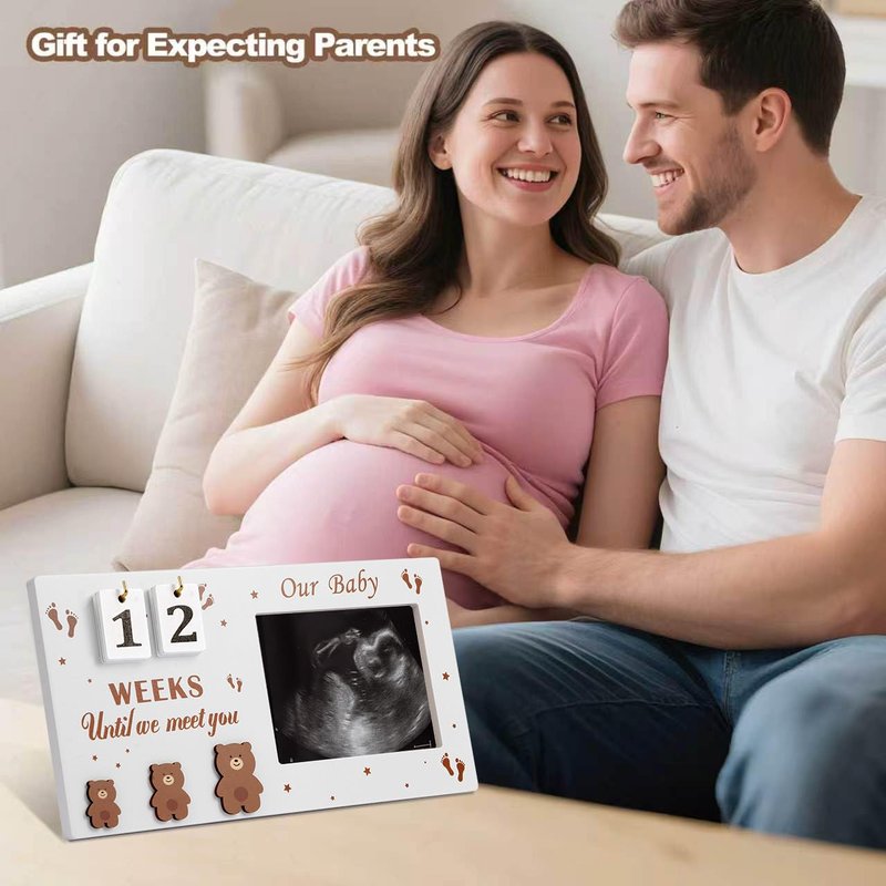 DACO MIN Baby Sonogram Picture Frame with Countdown Weeks, 4"x3" Ultrasound Photo Frame with Inkless Handprint Kit, Bear Pregnancy Announcement Gift for Expecting Mom Dad, Grandparents Reveal (Brown)