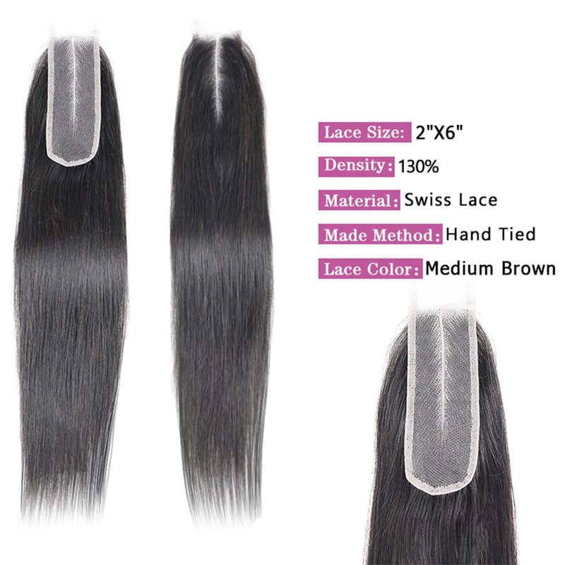 Brazilian Straight 2x6 Lace Closure 100% Unprocessed Human Virgin Hair Remy Pre-Plucked Hairline Natural Color Closure With Baby Hair (2x6 straight closure, 18inch)