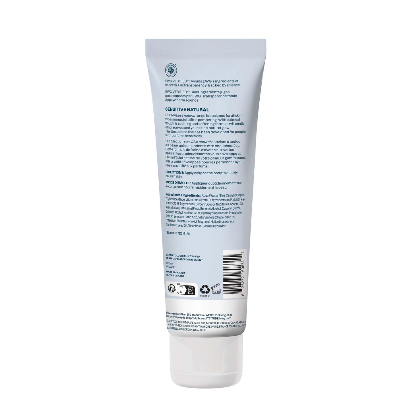 ATTITUDE Sensitive Skin Body Lotion, Fragrance-Free, Soothing Oat Formula, Hydrating Care for Dry Skin, EWG Verified, Dermatologically Tested, Vegan, Unscented, 8 Fl Oz